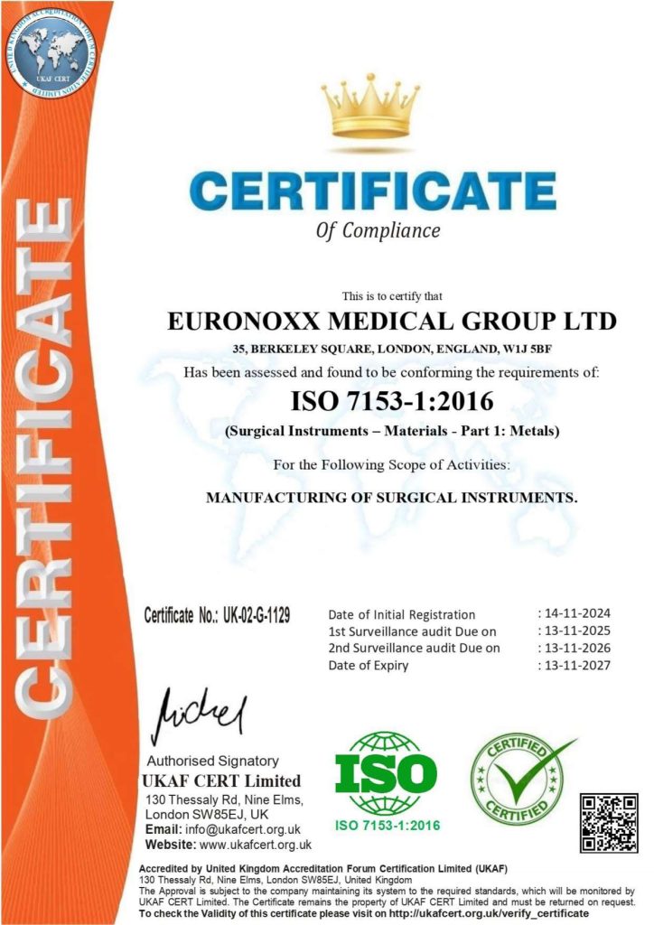 Euronoxx Medical Group ISO 7153-1:2016 certified for manufacturing surgical instruments and compliant with metal standards.