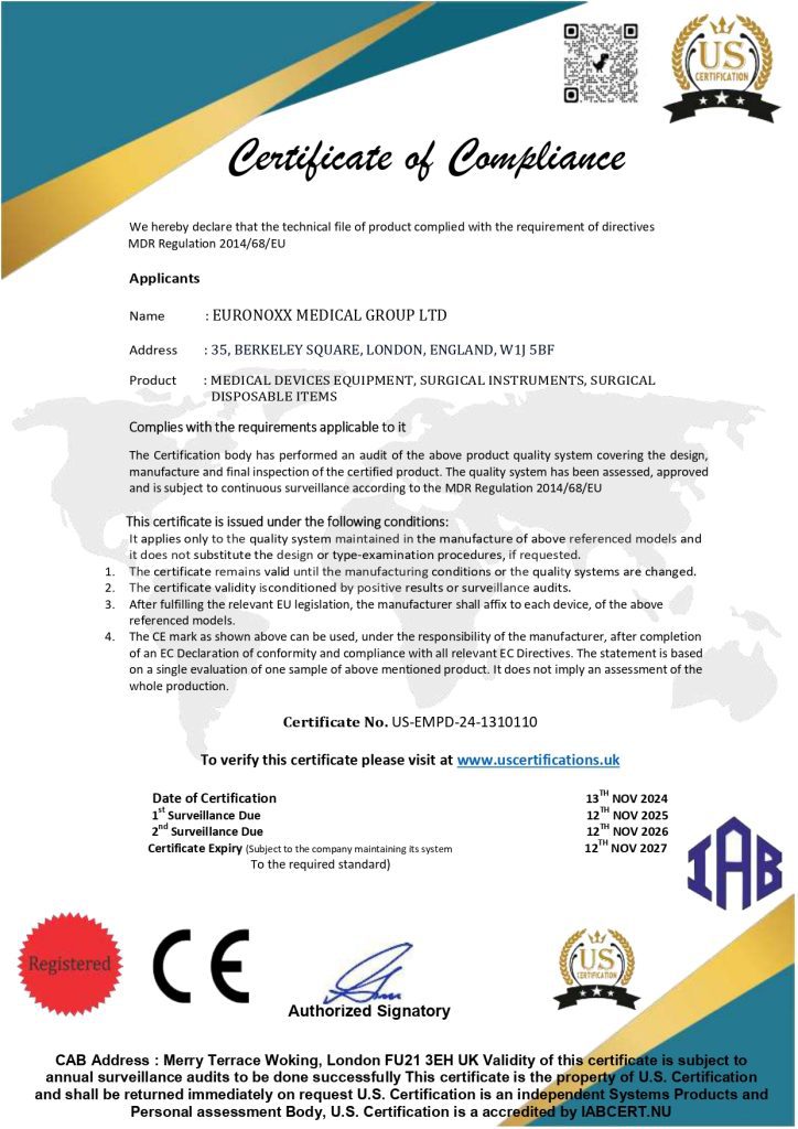 Euronoxx Medical Group certified under MDR Regulation 2014/68/EU for medical devices, surgical instruments, and equipment.