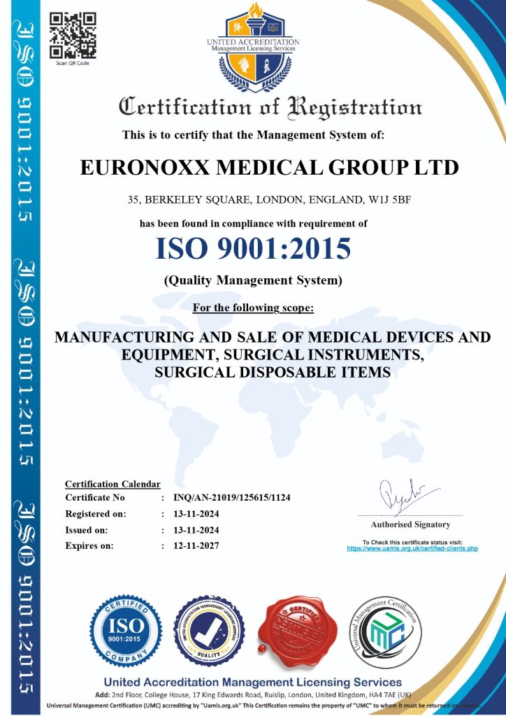 Euronoxx Medical Group ISO 9001:2015 certified for quality management in manufacturing and sale of medical devices and equipment.